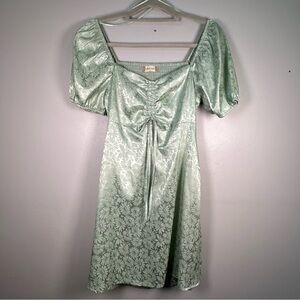 Altar’d State Sage Green Satin Floral Open Back Puff Sleeve Mini Dress